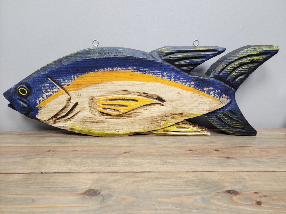 27" Hand Carved Wooden Yellowfin Tuna Fish Wall Art Folk Art Coastal Decor Plaqu